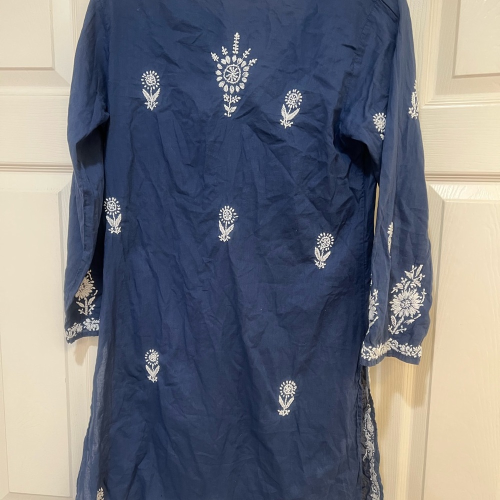 SEVYA 100% Cotton Blue Hand Embroidered 3/4 Sleeve Tunic Dress Beach Cover M - Picture 5 of 11